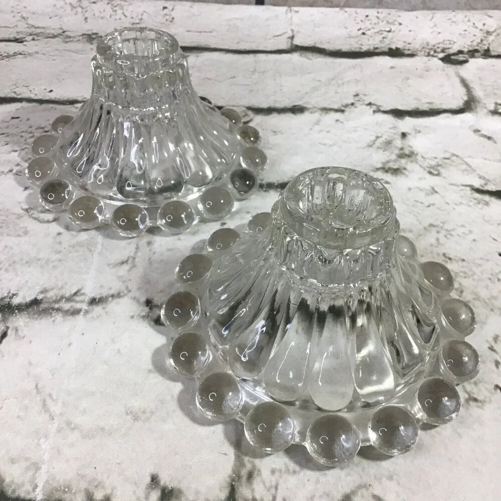 Vintage MCM Clear Glass Candlestick Holders Set‎ Of 2 Classic Tapers Elegant